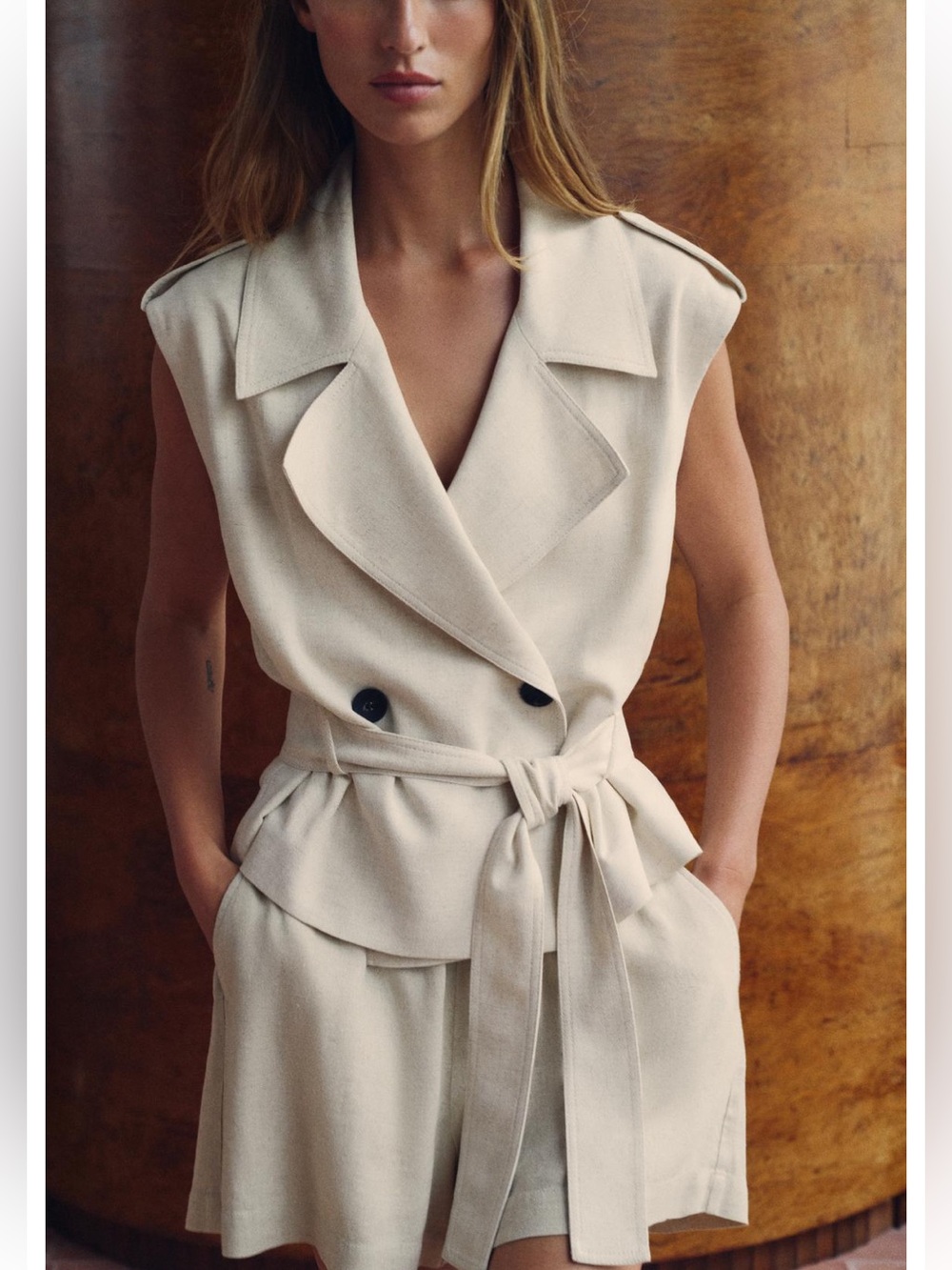 Zara Sleeveless Double-Breasted Wrap Vest in Cream